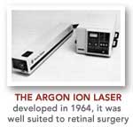 The argon ion laser was developed in 1964. It was well suited to retinal surgery